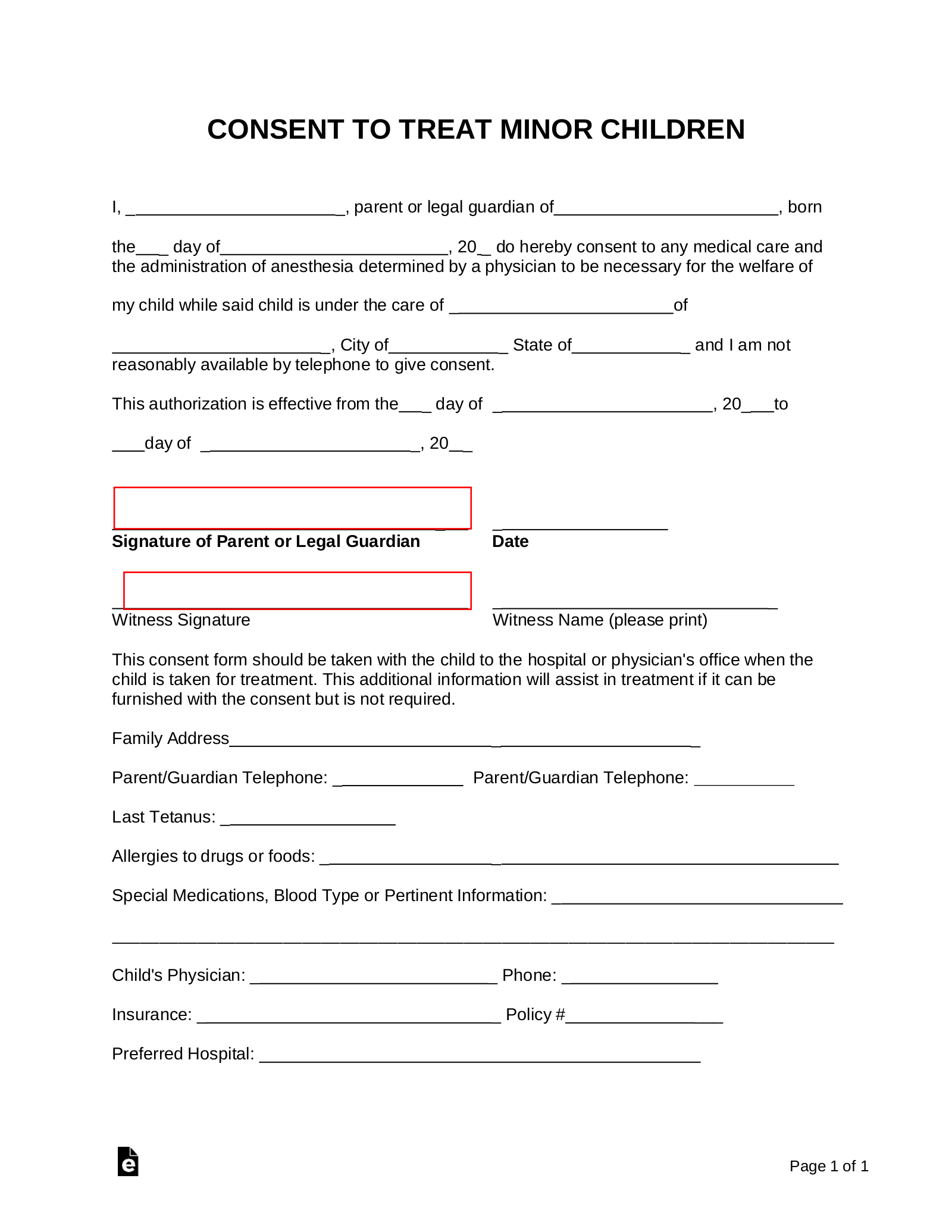 Free Minor (Child) Medical Consent Form - Pdf | Word – Eforms within Printable Medical Consent Form For Minor