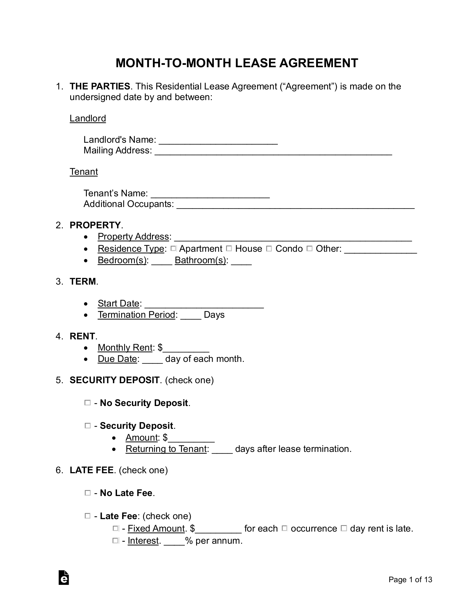 Free Month-To-Month Lease Agreement Template - Pdf | Word – Eforms regarding Free Printable Month To Month Lease Agreement