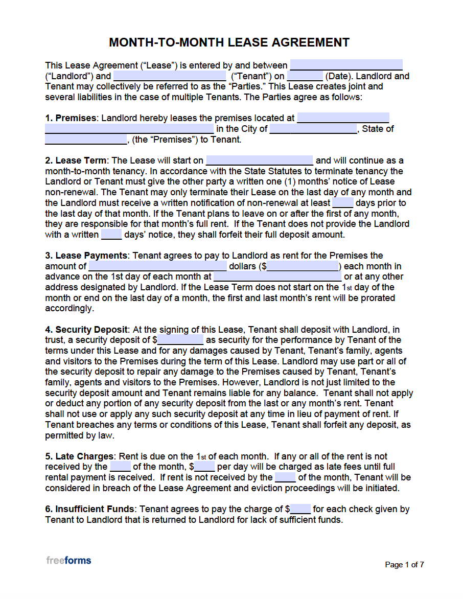 Free Month-To-Month Lease Agreement Templates | Pdf | Word for Free Printable Month To Month Lease Agreement