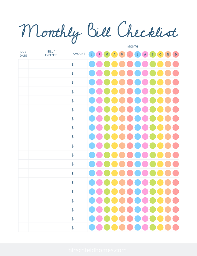 Free Monthly Bill Checklist | Hirschfeld pertaining to Monthly Bill Payment Checklist Free Printable
