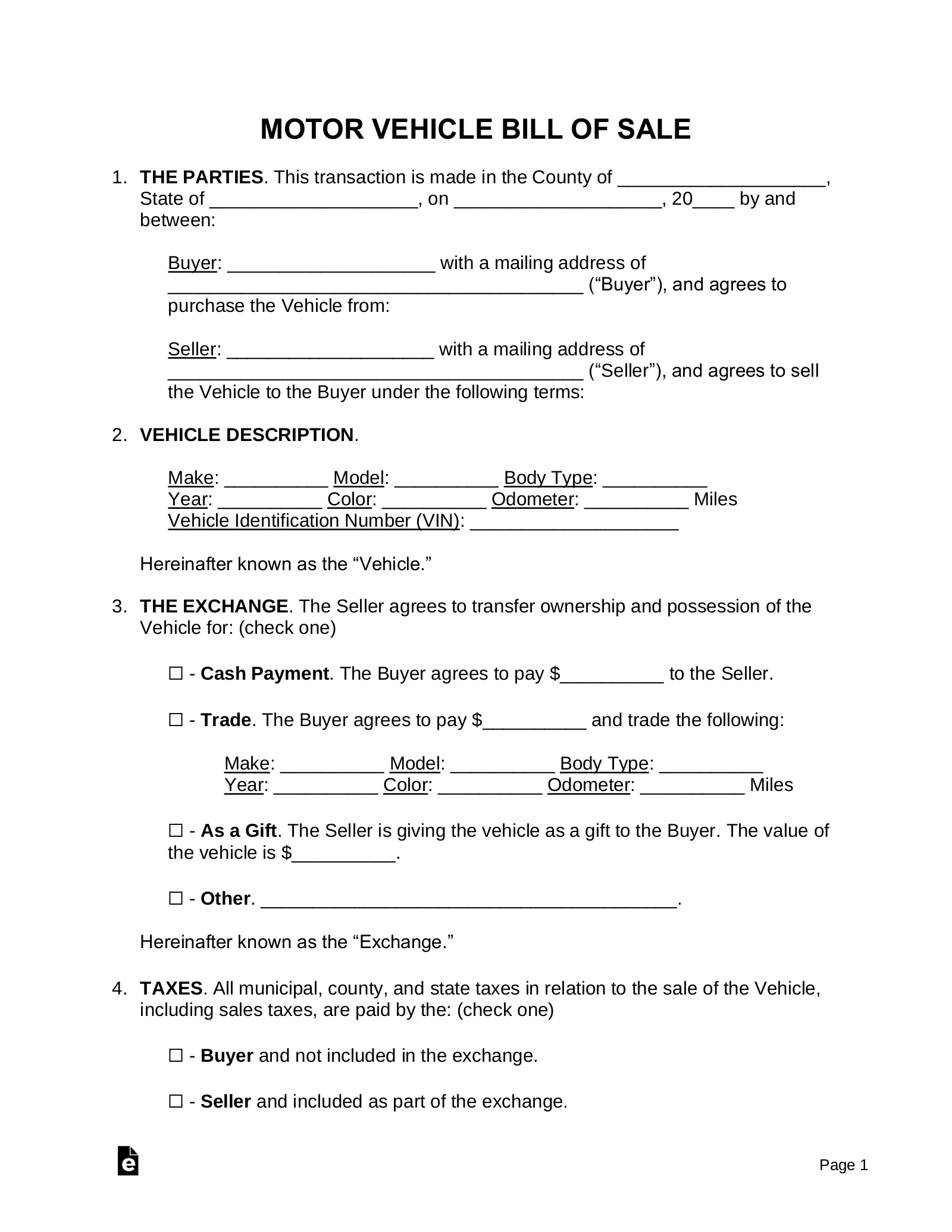 Free Motor Vehicle (Dmv) Bill Of Sale Form - Pdf | Word – Eforms inside Free Printable Bill of Sale Car