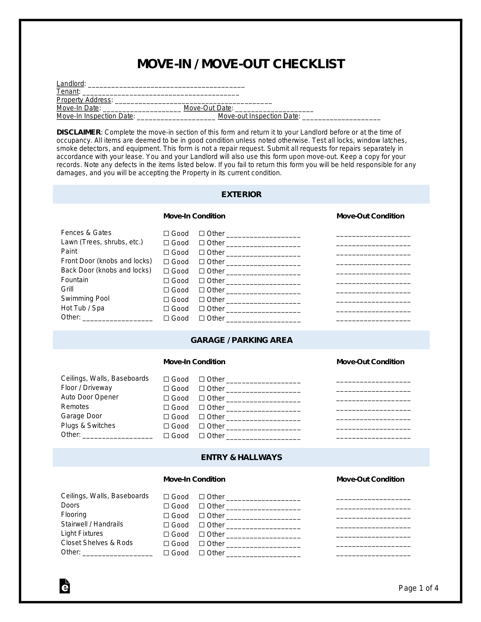 Free Move-In / Move-Out Checklist Form (Tenant) - Pdf | Word – Eforms inside Free Printable Move In Checklist