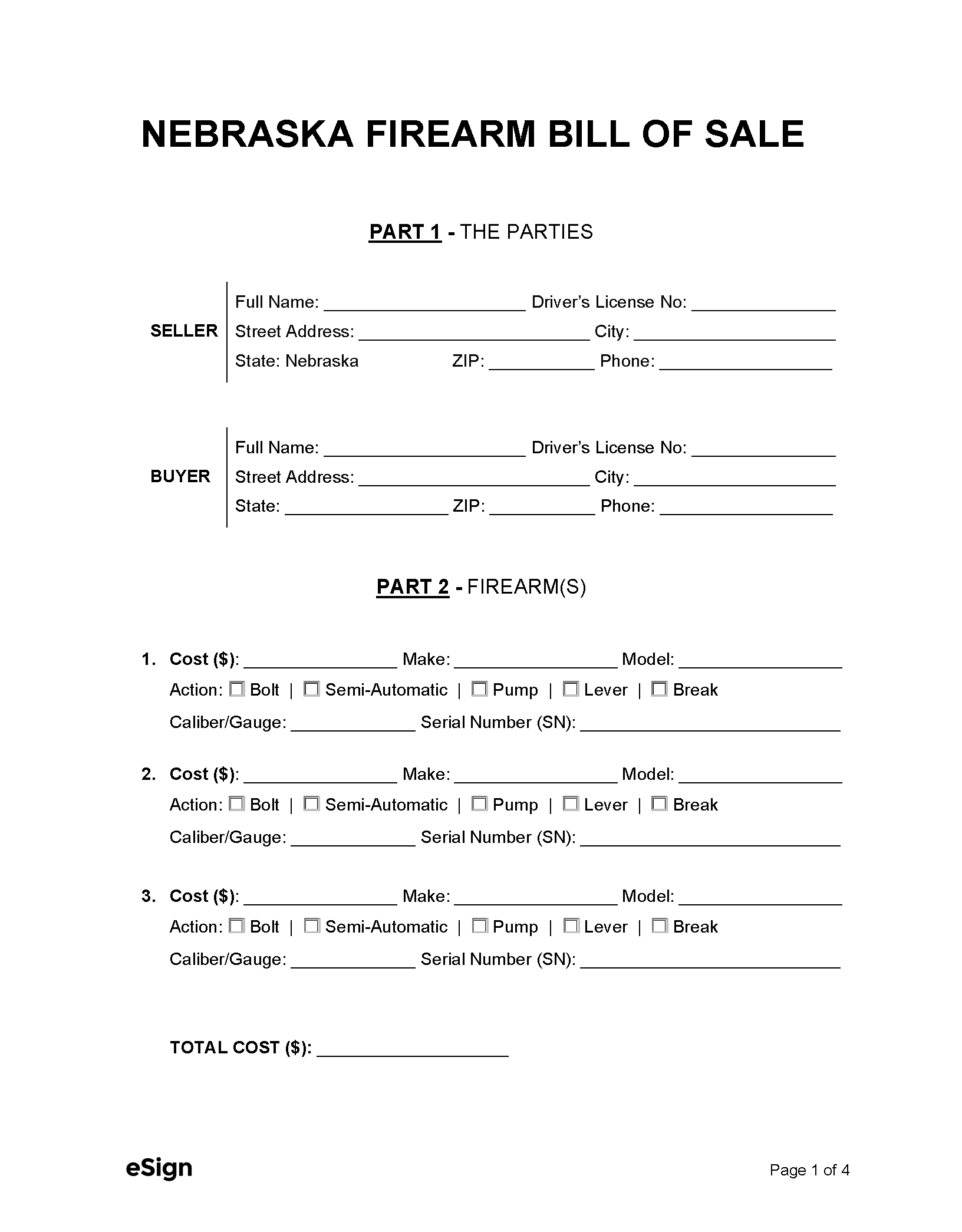 Free Nebraska Firearm Bill Of Sale Form | Pdf | Word regarding Printable Gun Bill Of Sale