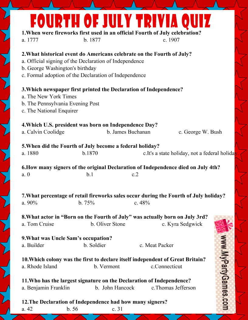 Free Printable 4Th Of July Usa Independence Day Trivia Quiz with regard to 4Th Of July Printable Trivia