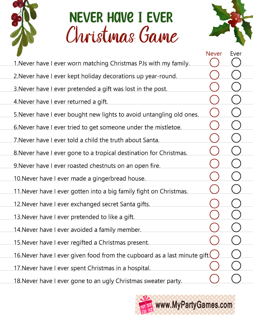 Free Printable Never Have I Ever Christmas Game For Adults in Free Printable Christmas Games For Adults With Answers