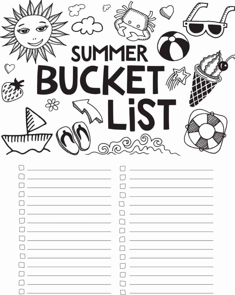 Free Printable Summer Bucket List Coloring Page intended for Free Summer Bucket List Printable