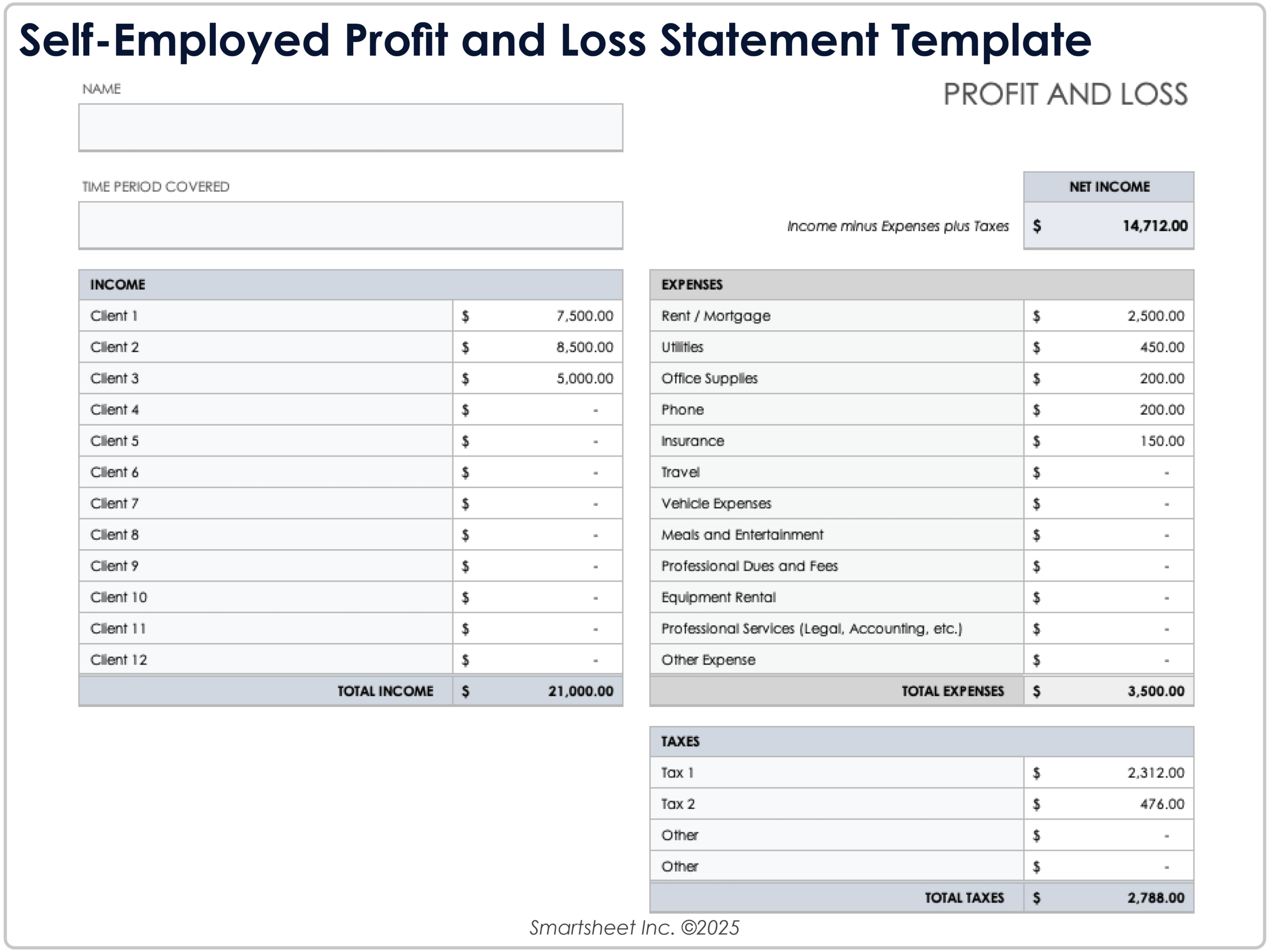 Free Profit And Loss Templates in Self Employed Printable Free Blank Profit and Loss Statement