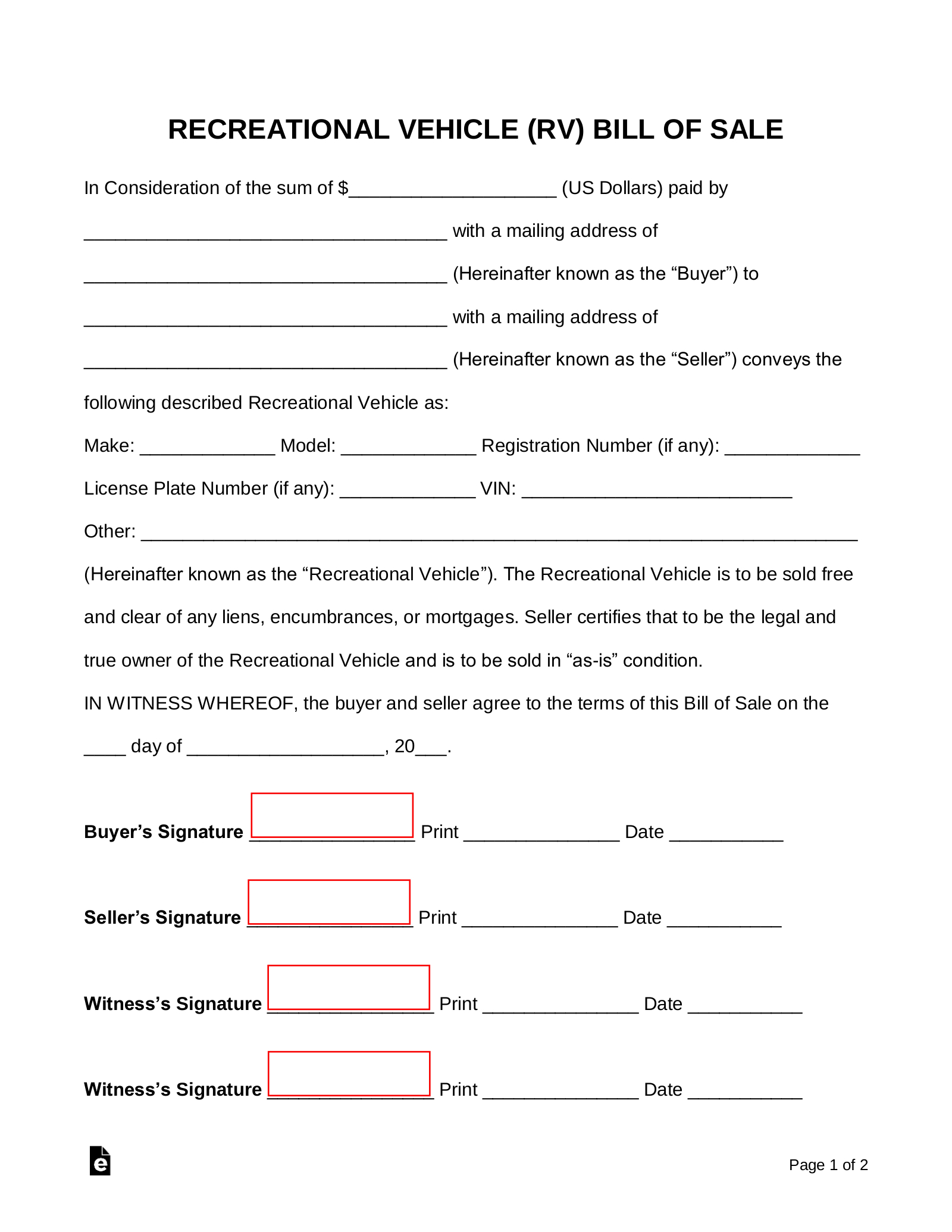Free Recreational Vehicle (Rv) Bill Of Sale Form - Pdf | Word – Eforms inside Printable Rv Bill of Sale