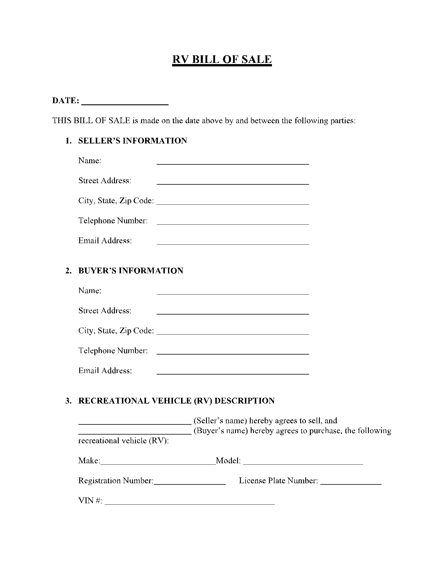 Free Recreational Vehicle (Rv) Bill Of Sale Template | Cocosign with Printable Rv Bill of Sale
