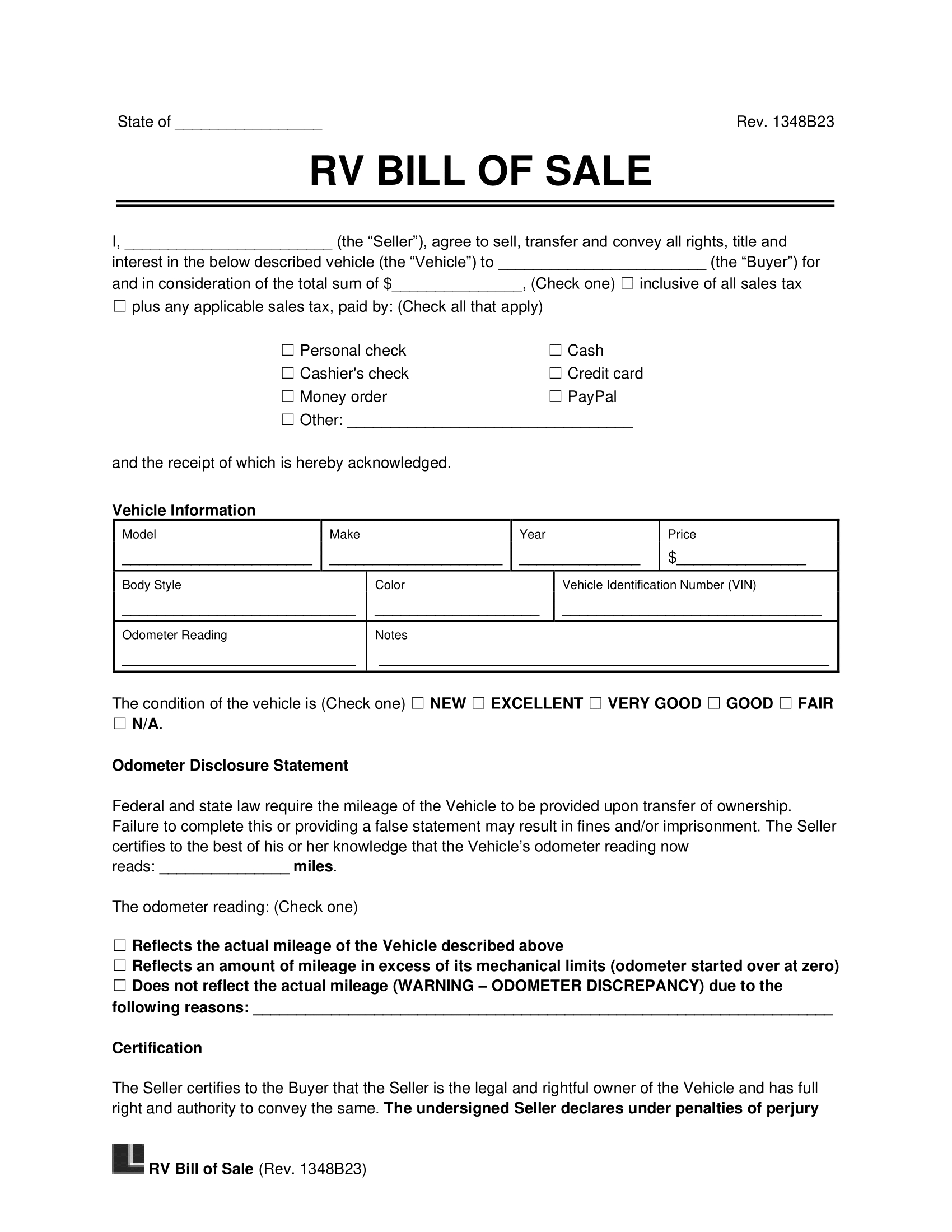 Free Recreational Vehicle (Rv) Bill Of Sale Template | Pdf & Word intended for Printable Rv Bill of Sale