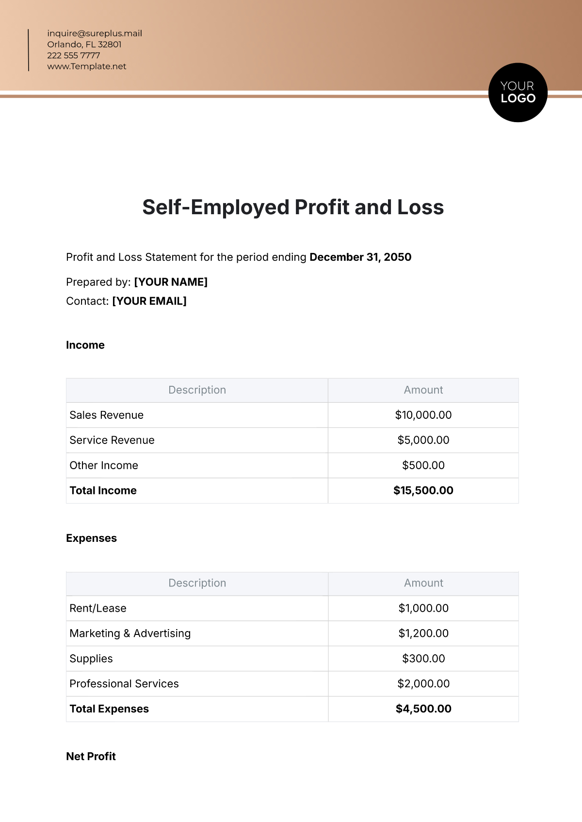 Free Self-Employed Profit And Loss Template To Edit Online pertaining to Self Employed Printable Free Blank Profit And Loss Statement
