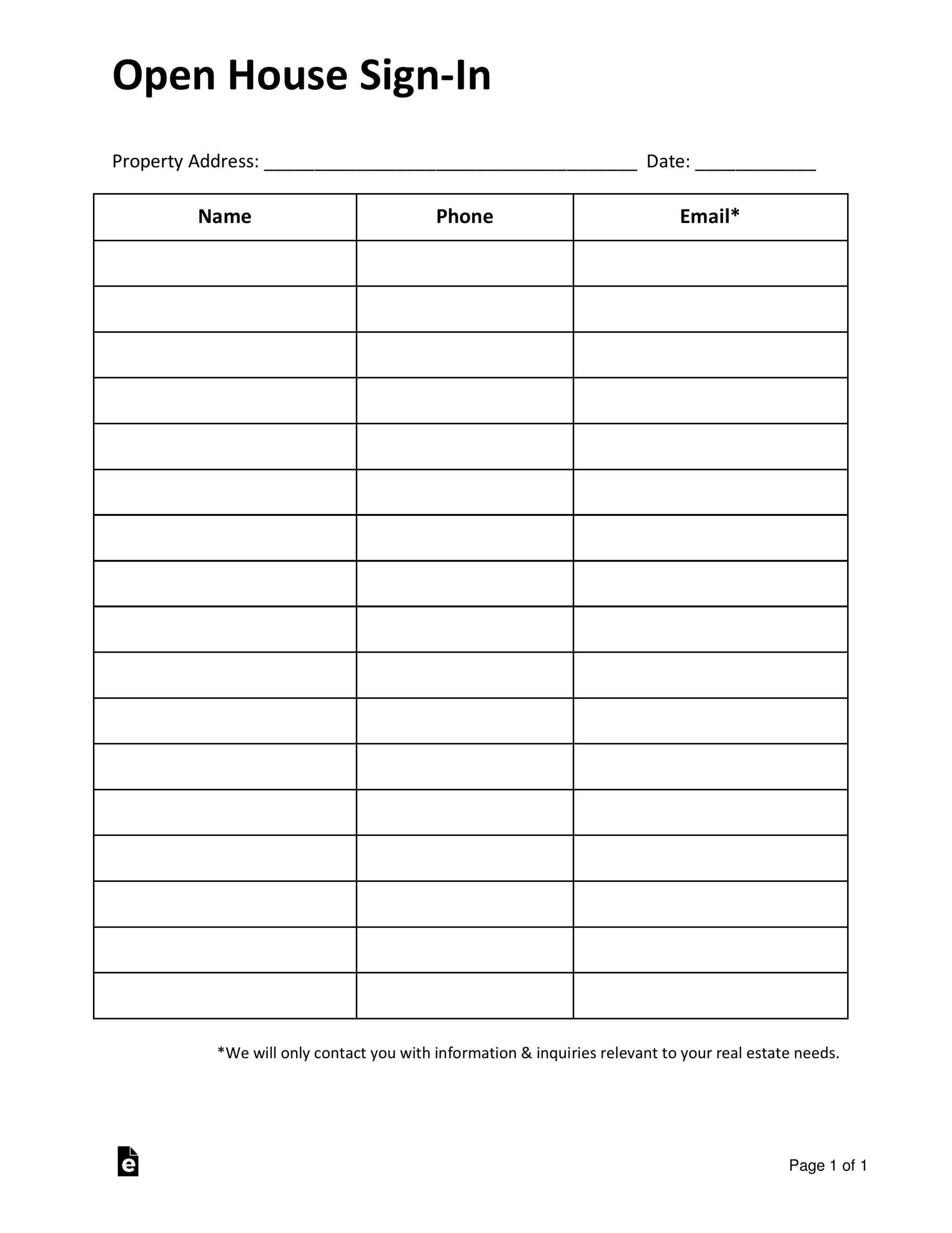Free Simple Real Estate Open House Sign-In Sheet - Pdf | Word – Eforms pertaining to Open House Sign In Sheet Printable