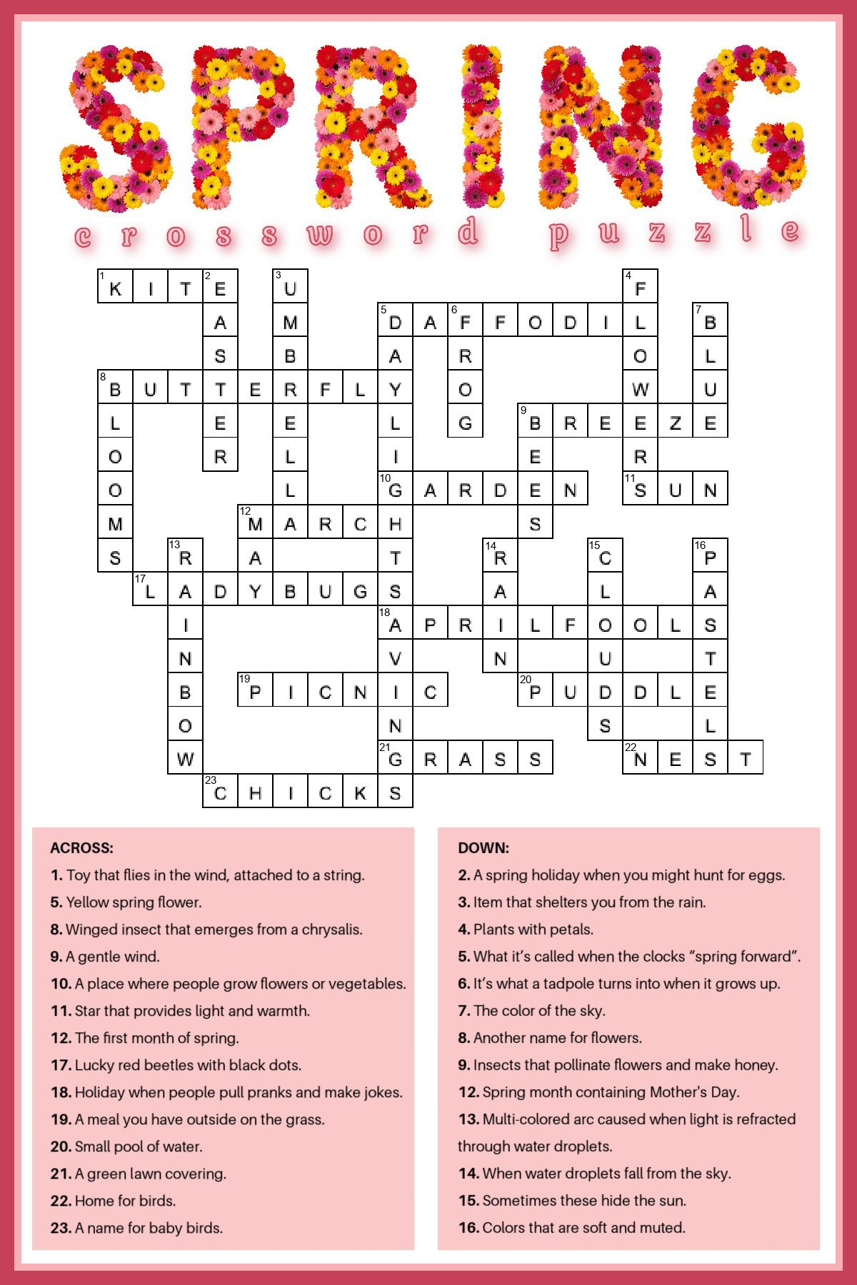 Free Spring Crossword Puzzle Printable - Answer Key Included intended for Free Printable Crossword Puzzles With Answers