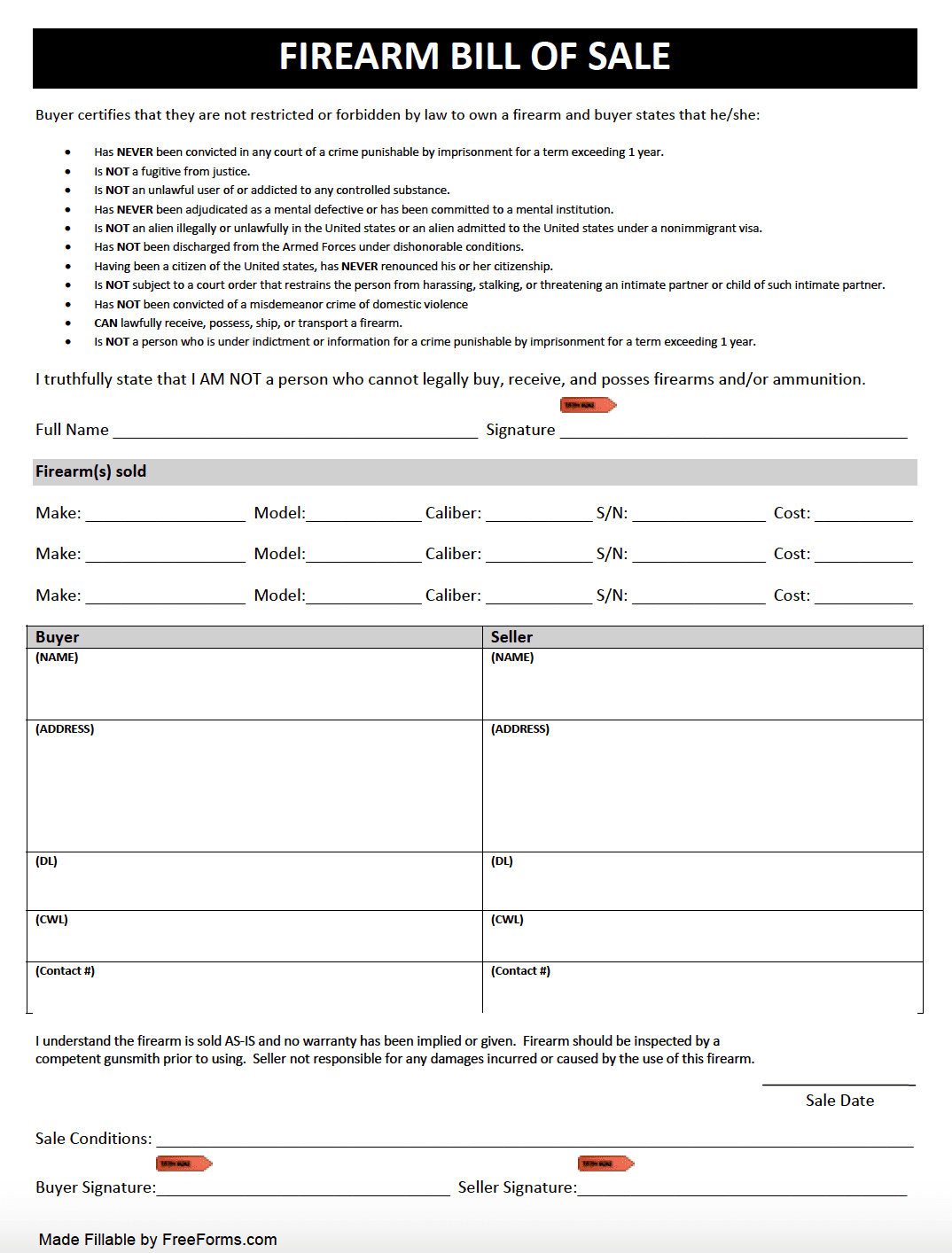 Free Texas Firearm (Gun) Bill Of Sale Form | Pdf inside Printable Gun Bill of Sale