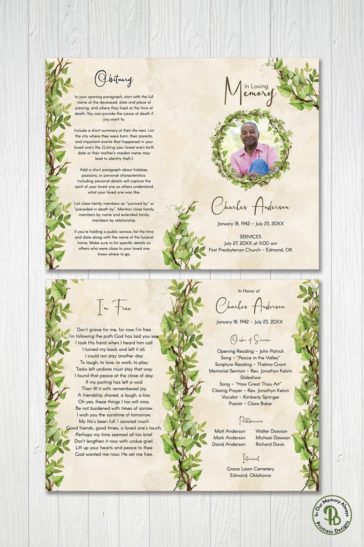 Greenery Vine Wreath Funeral Program Template, Printable for Free Printable Celebration of Life Program Template