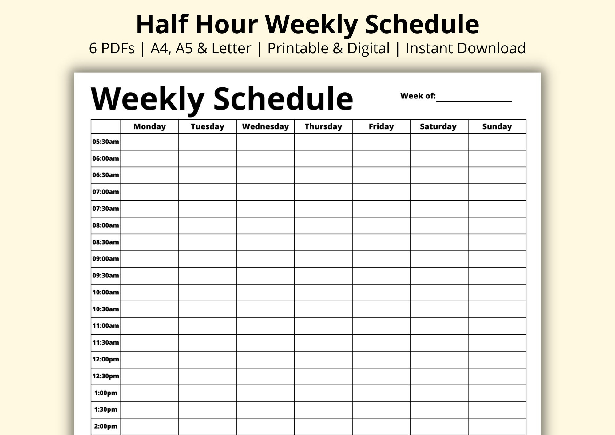 Half Hour Weekly Schedule, 7 Day Planner, Weekly Planner Pdf, Week intended for 7 Day Weekly Planner Printable