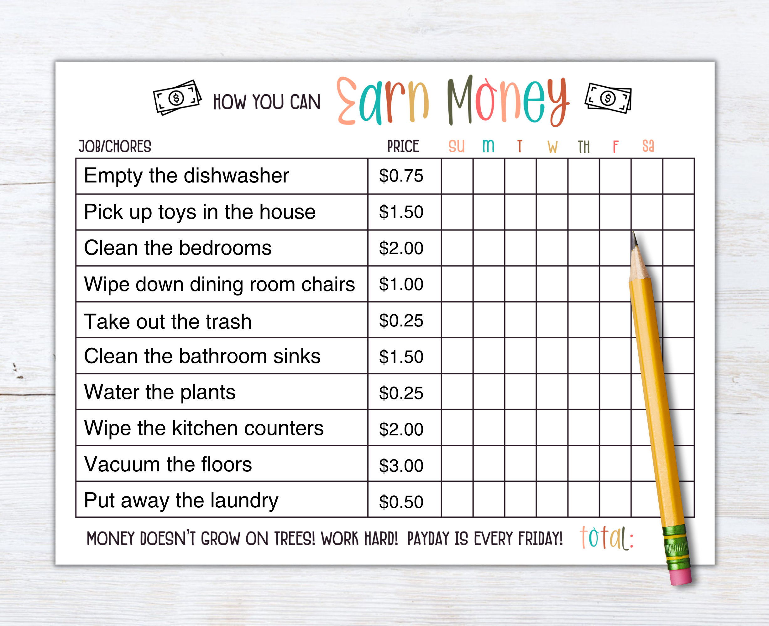 How To Earn Money Chore Chart | Allowance Chore Chart For Kids with Printable Chore Chart with Prices