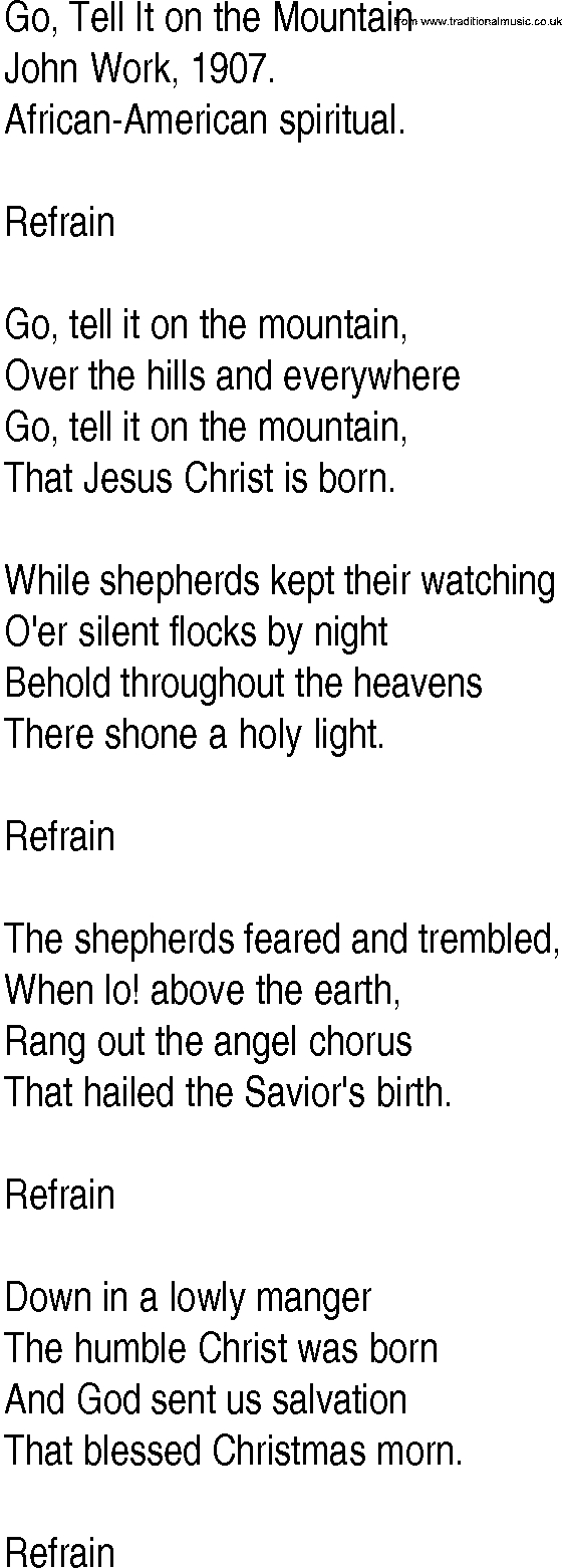 Hymn And Gospel Song Lyrics For Go, Tell It On The Mountain pertaining to Go Tell It On The Mountain Lyrics Printable