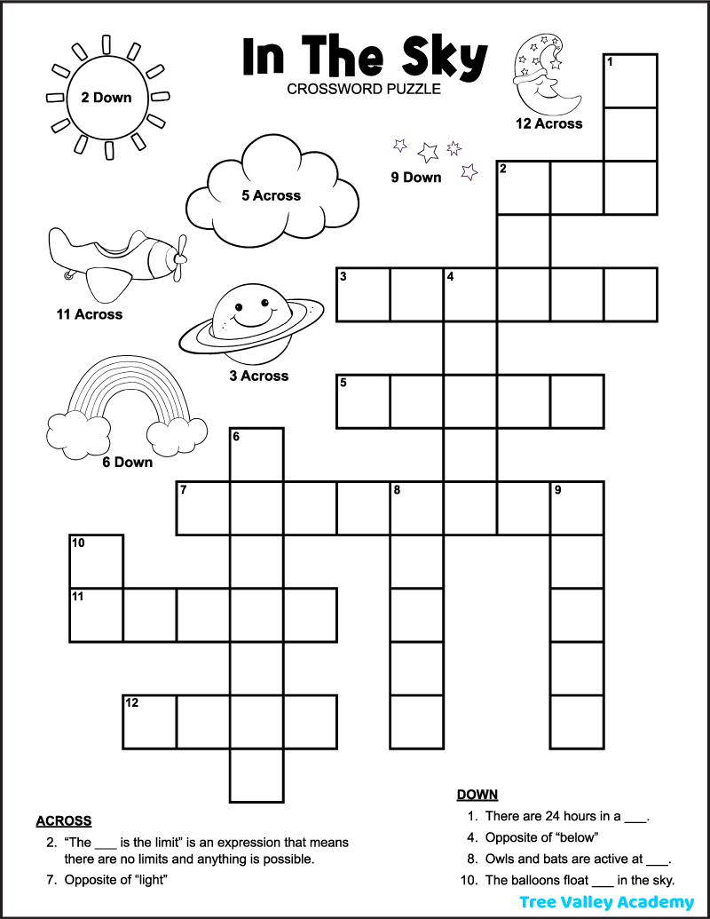 In The Sky Crossword Puzzle For Kids - Tree Valley Academy inside Printable Crossword Puzzles For Kids