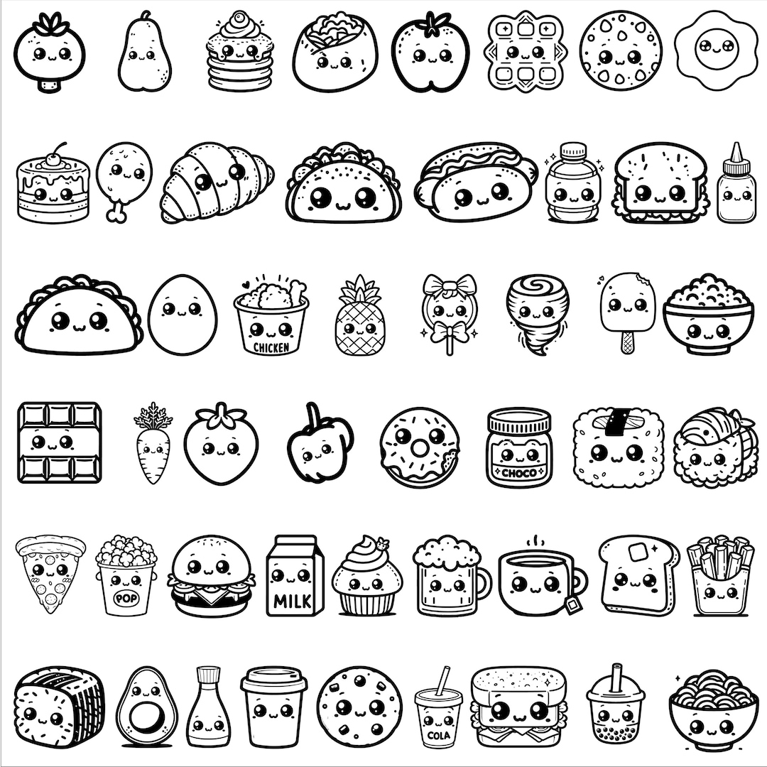 Kawaii Food Outline Svg Bundle , 50 Food Outline For Cricut with Kawaii Cute Printable Stickers Black and White