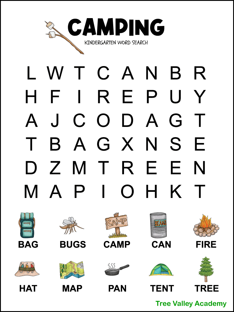 Kindergarten Camping Word Search - Tree Valley Academy regarding Free Printable Word Search Kindergarten