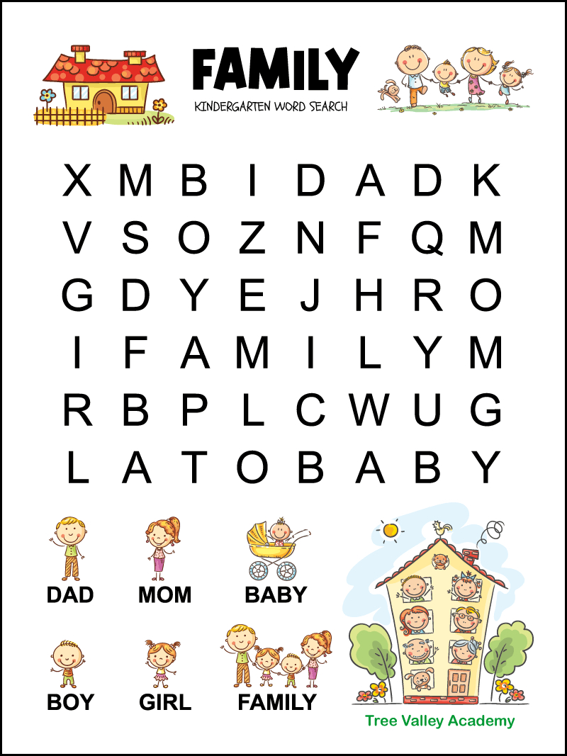 Kindergarten Family Word Search - Tree Valley Academy within Free Printable Word Search Kindergarten