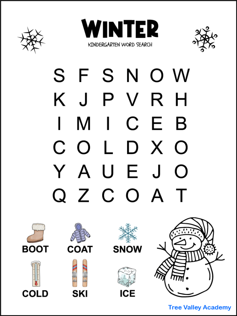 Kindergarten Winter Word Search - Tree Valley Academy in Word Search For 5 Year Olds Printable