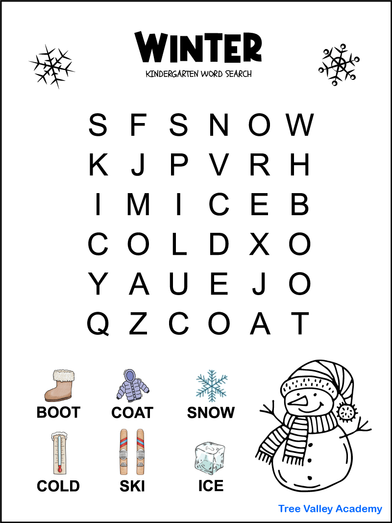 Kindergarten Winter Word Search - Tree Valley Academy with regard to Free Printable Word Search Kindergarten
