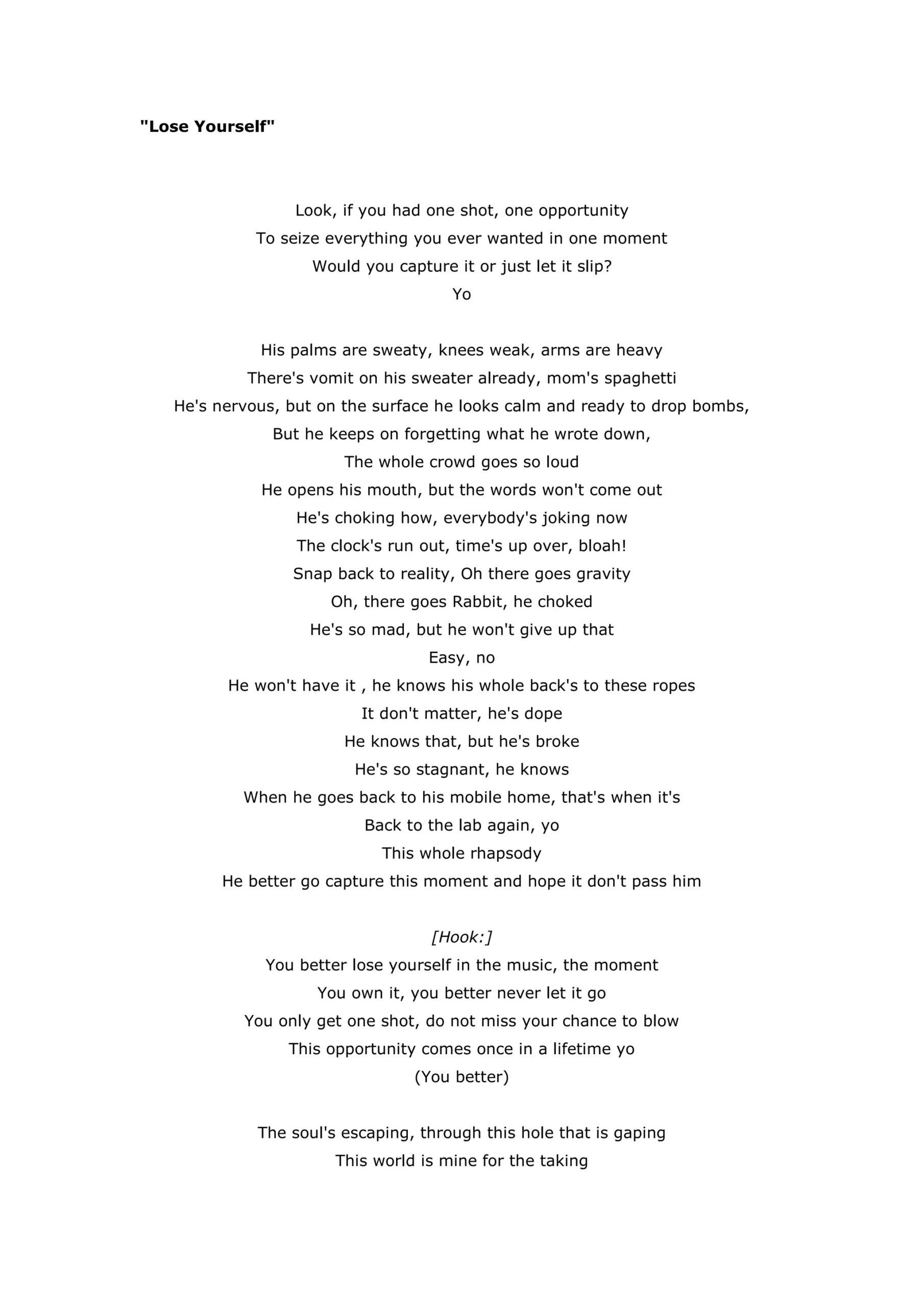 Lose Yourself Lyrics | Docx inside Eminem Lose Yourself Lyrics Clean Printable