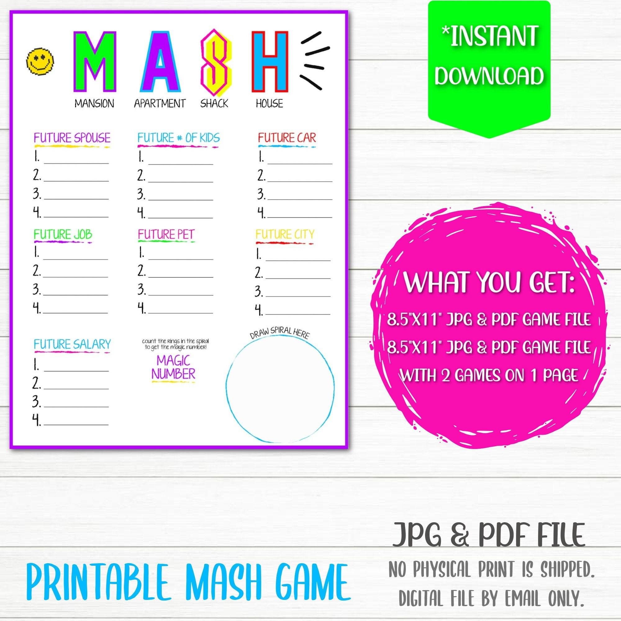 Mash Game Printable | Mash Game Digital File | Instant Download with regard to M.a.s.h Game Printable