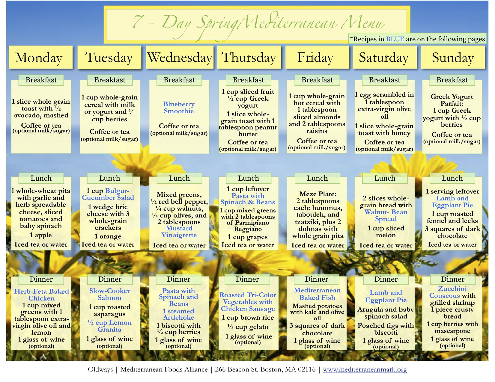 Med Diet 7 Day Menu Spring-Summer - Oldways - Cultural Food with 7 Day Mediterranean Diet Meal Plan Printable
