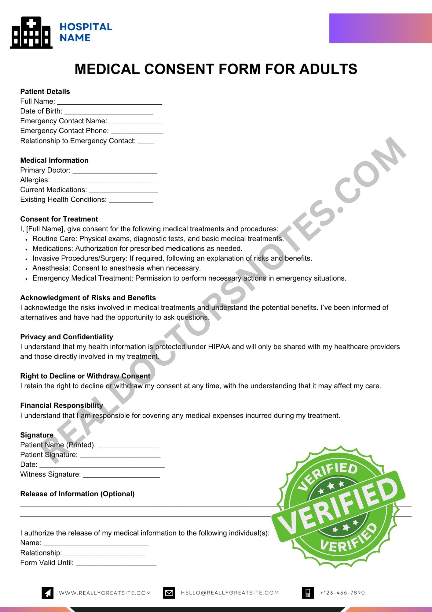 Medical Consent Form For Adults Printable Template for Printable Medical Consent Form For Adults