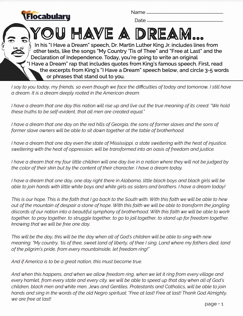 Mlk I Have A Dream Printable Activity - The Flocabulary Blog within I Have a Dream Speech Text Printable