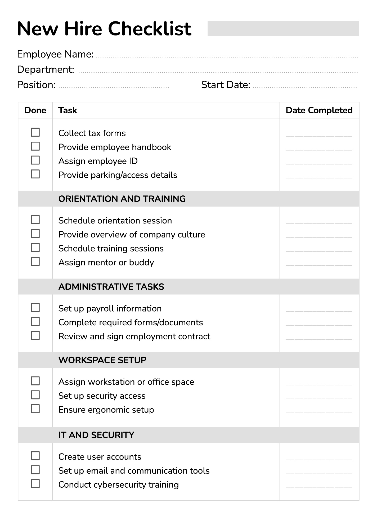 New Hire Checklist Free Google Docs Template - Gdoc.io regarding Printable New Employee Checklist Template