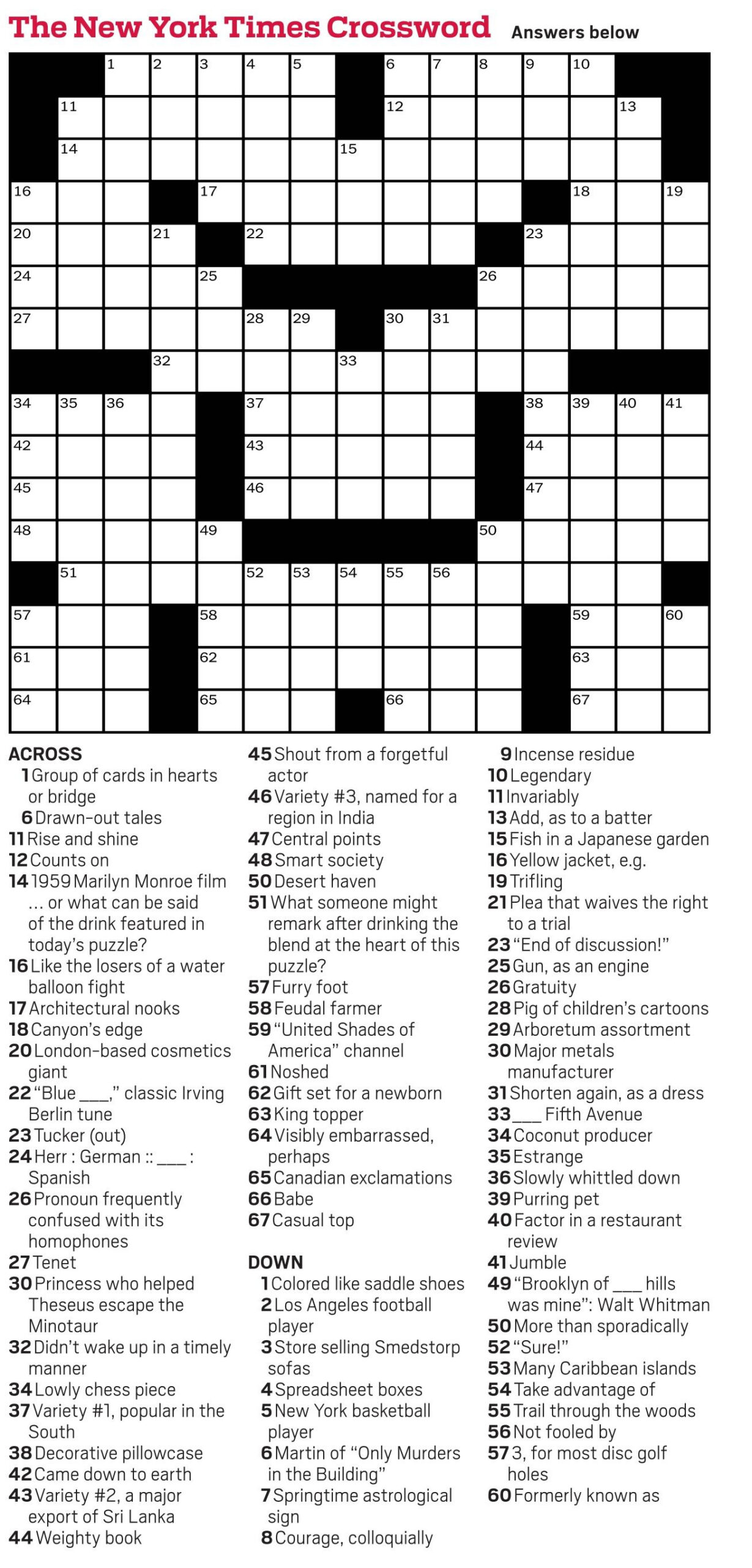 New York Times Daily Crossword - Puzzles inside New York Times Crossword Puzzle Today Answers Free Printable
