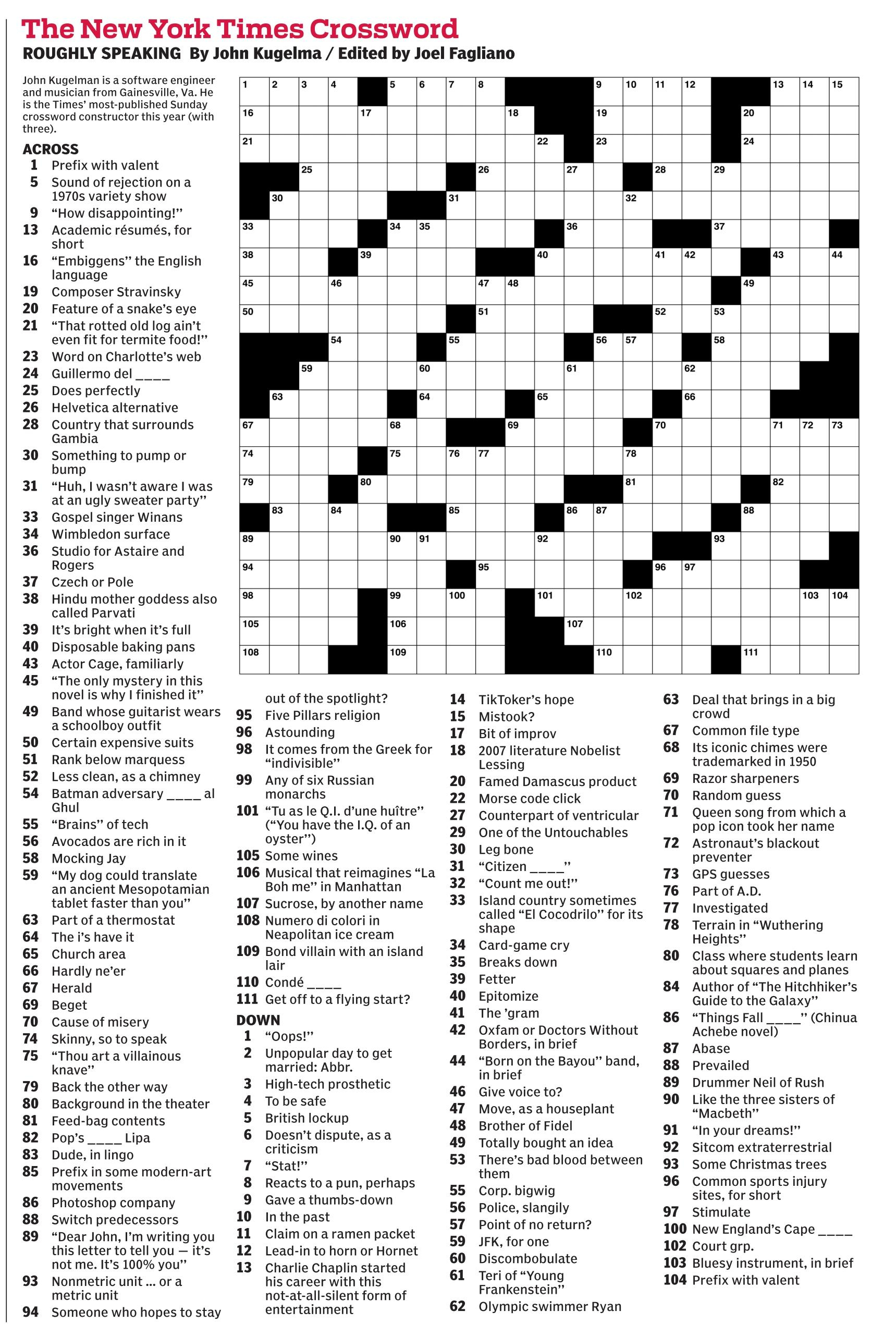 New York Times Daily Crossword - Puzzles pertaining to New York Times Sunday Crossword Puzzle Printable