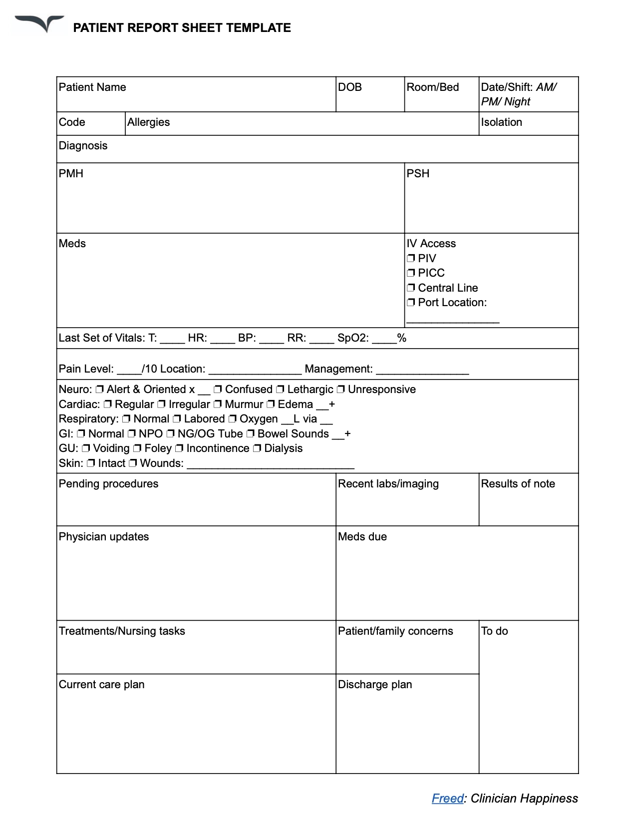 Nursing Report Sheet Template — Free Download with Free Printable Nurse Report Sheet