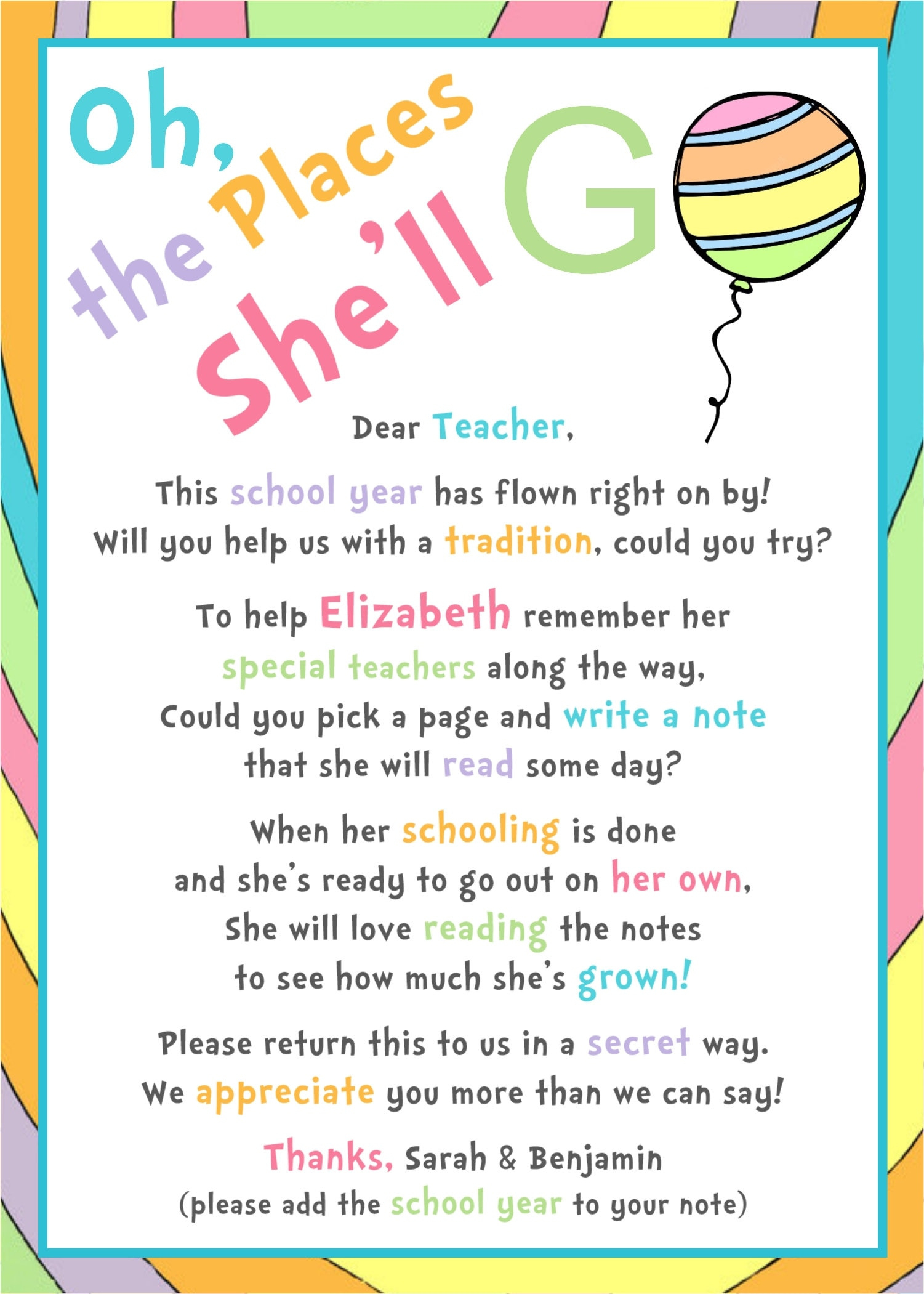 Oh The Places You'Ll Go Book Instruction Letter For Teachers Sign intended for Oh the Places You'll Go Teacher Note Printable Free