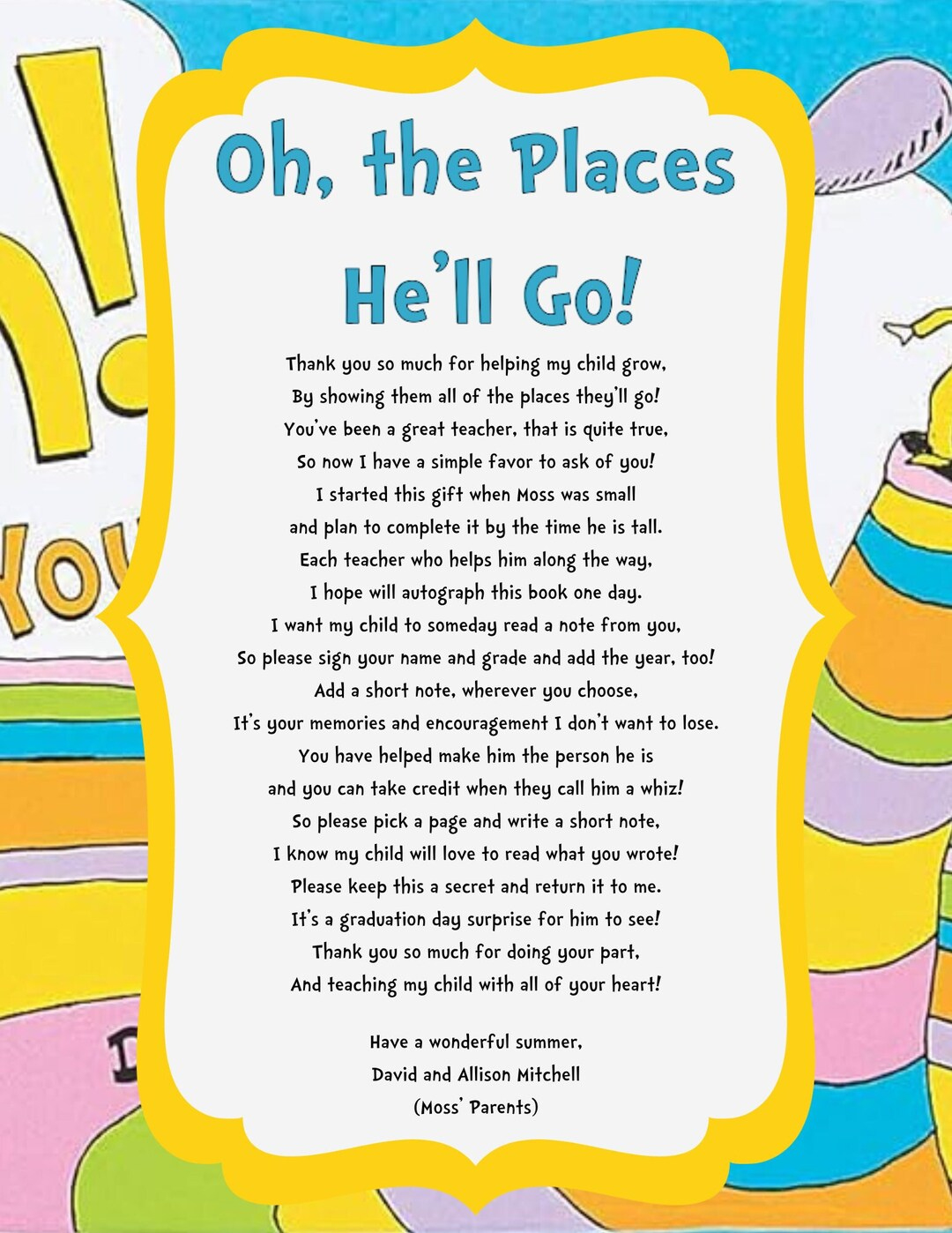 Oh, The Place'S You'Ll Go! Teacher Instruction Card - Etsy for Oh The Places You'Ll Go Teacher Note Printable Free