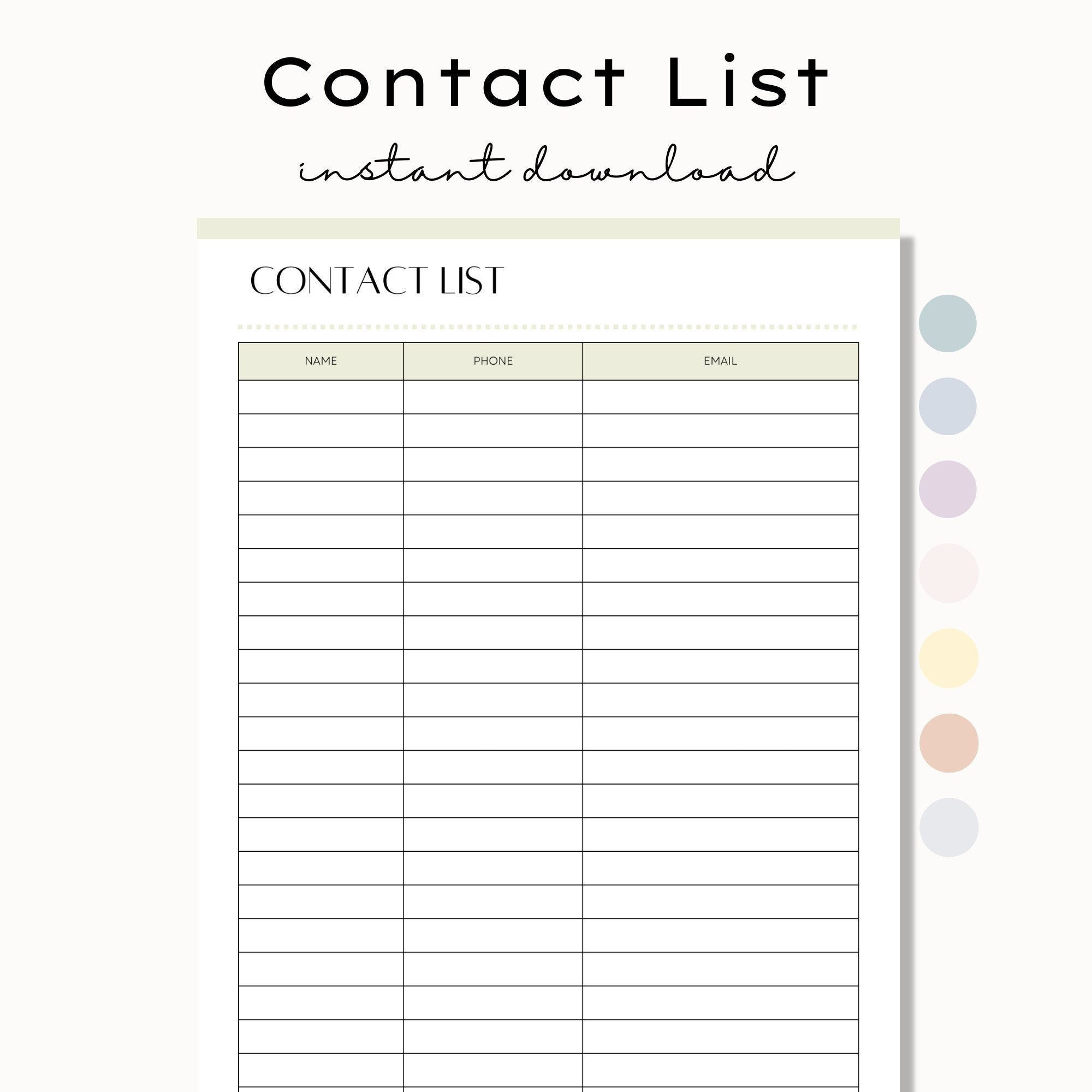 Printable Contact List, Contact List Sheet, Phone Number List for Printable Name And Phone Number Template