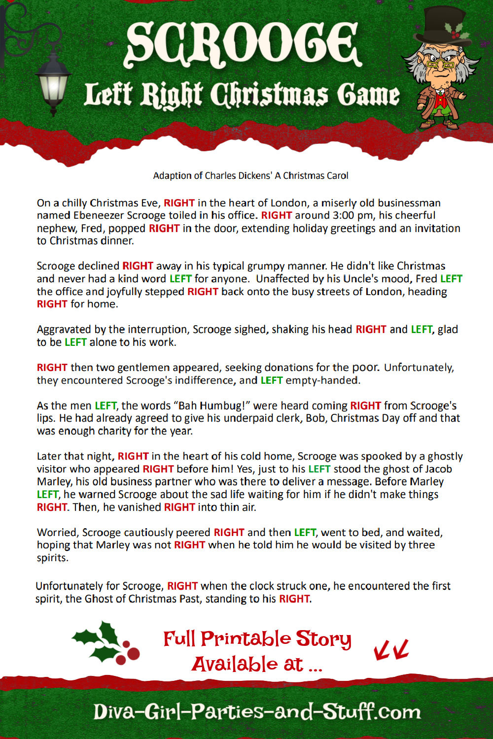 Printable Left Right Christmas Game Story Of Scrooge with regard to Right Left Christmas Story Game Free Printable