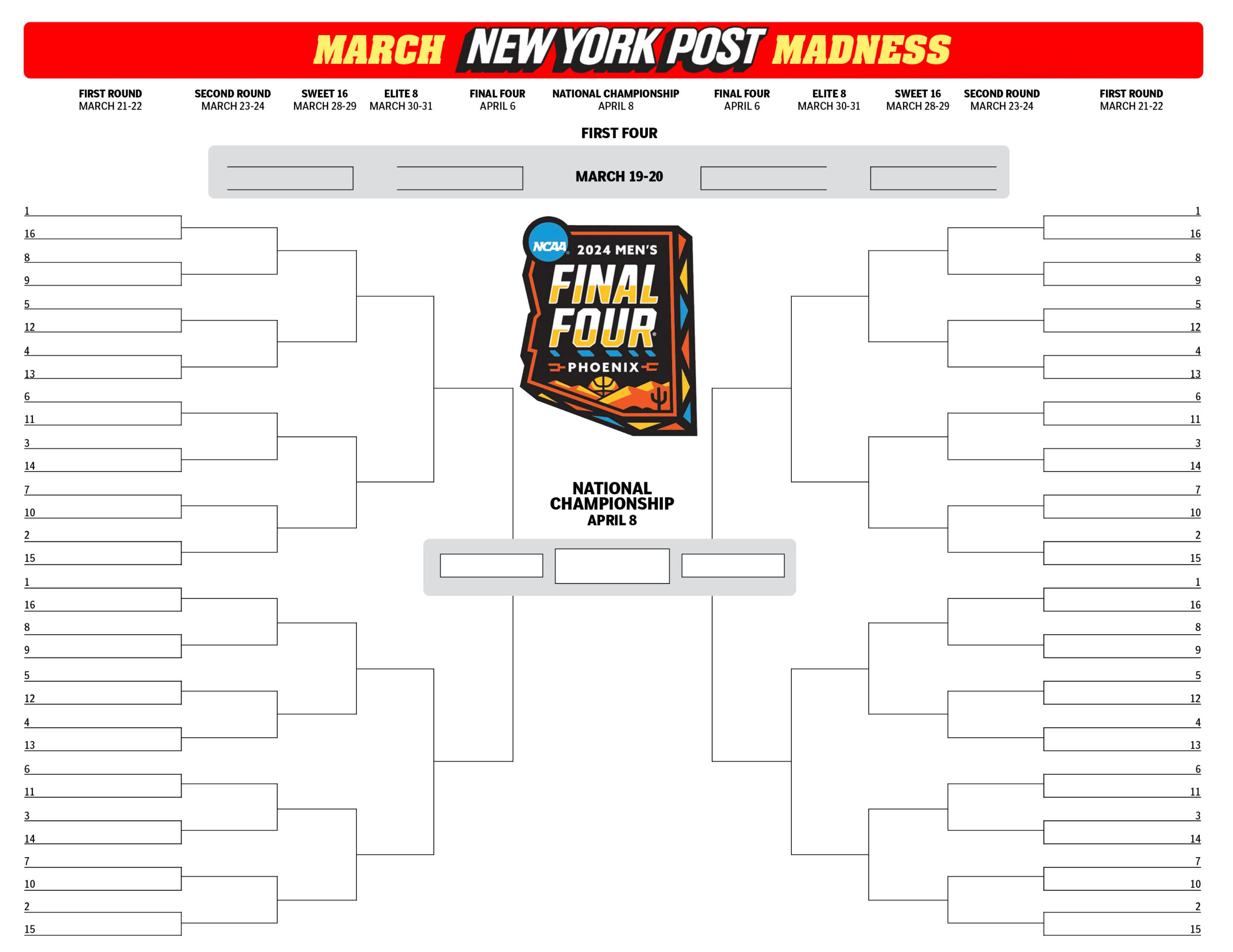 Printable Ncaa Bracket: Full 2024 March Madness Field | New York Post regarding March Madness Bracket Printable Blank