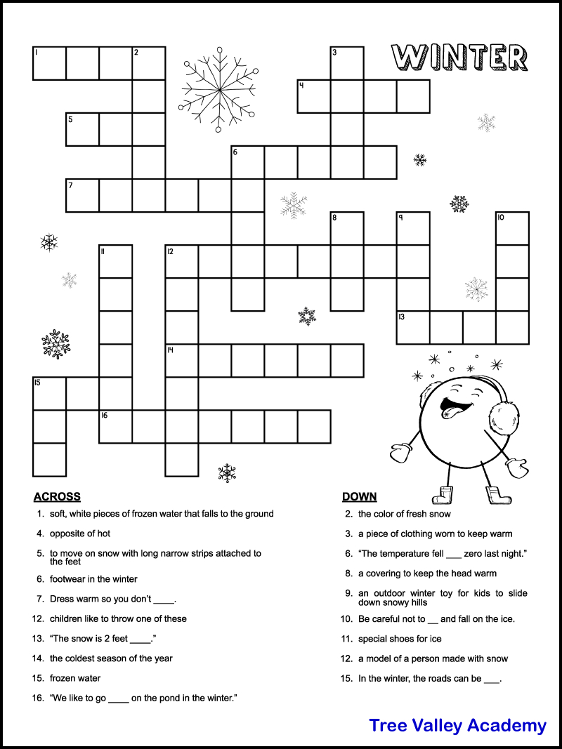 Printable Winter Crossword Puzzles For Kids - Tree Valley Academy in Easy Printable Crossword Puzzles Free