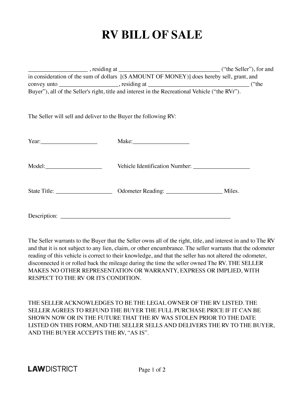 Recreational Vehicle (Rv) Bill Of Sale Form | Lawdistrict regarding Printable Rv Bill of Sale