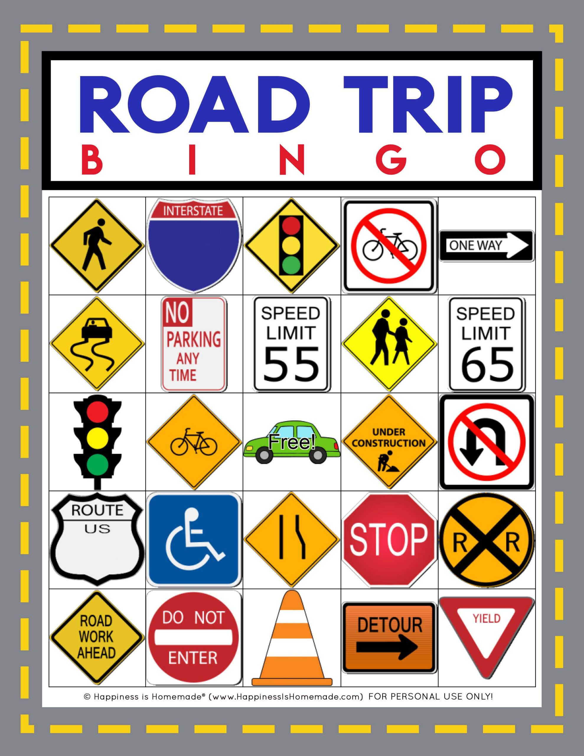 Road Trip Bingo Game - Free Printable - Happiness Is Homemade throughout Free Printable Road Trip Games