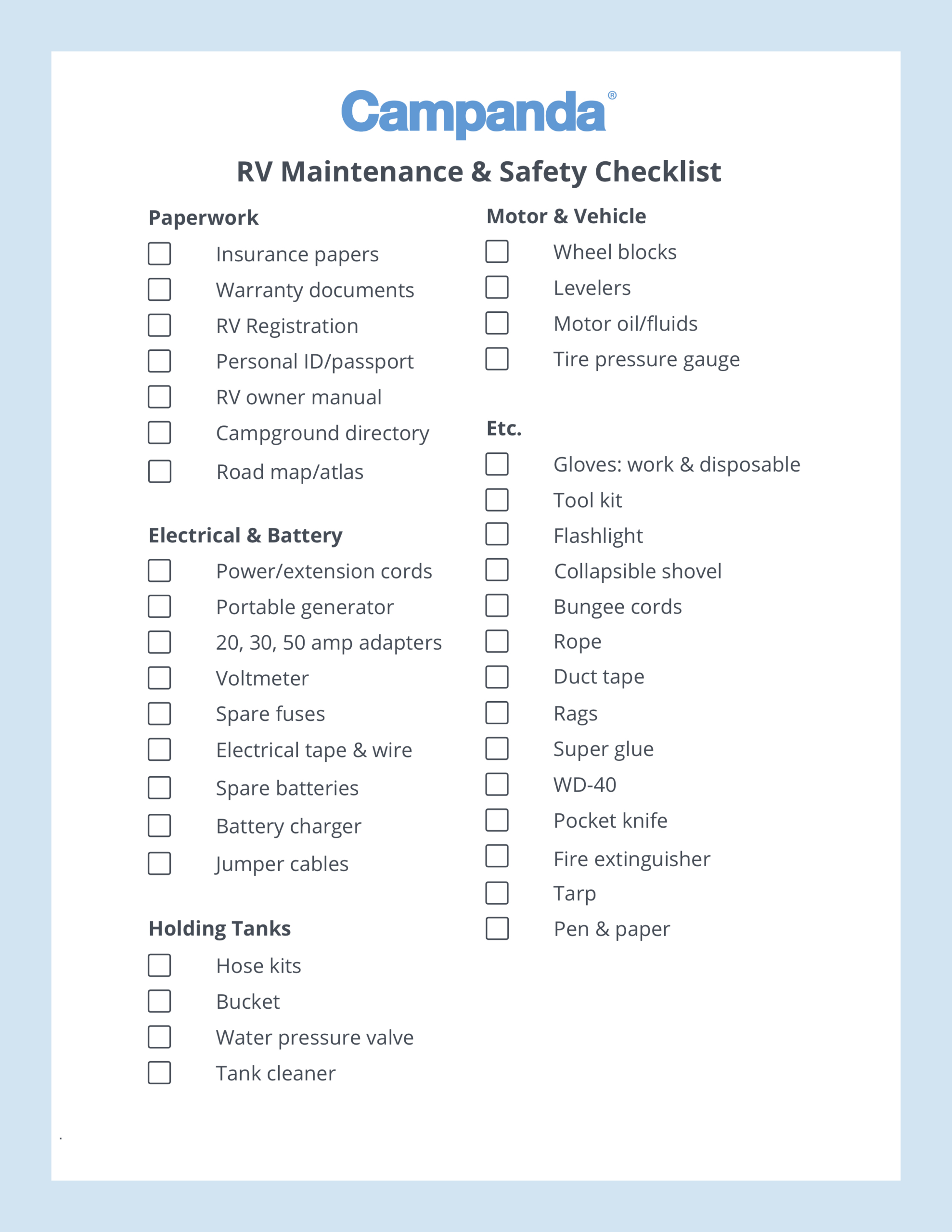 Rv Checklists: 6 Printable Packing Lists | Campanda throughout Free Printable Rv Setup Checklist