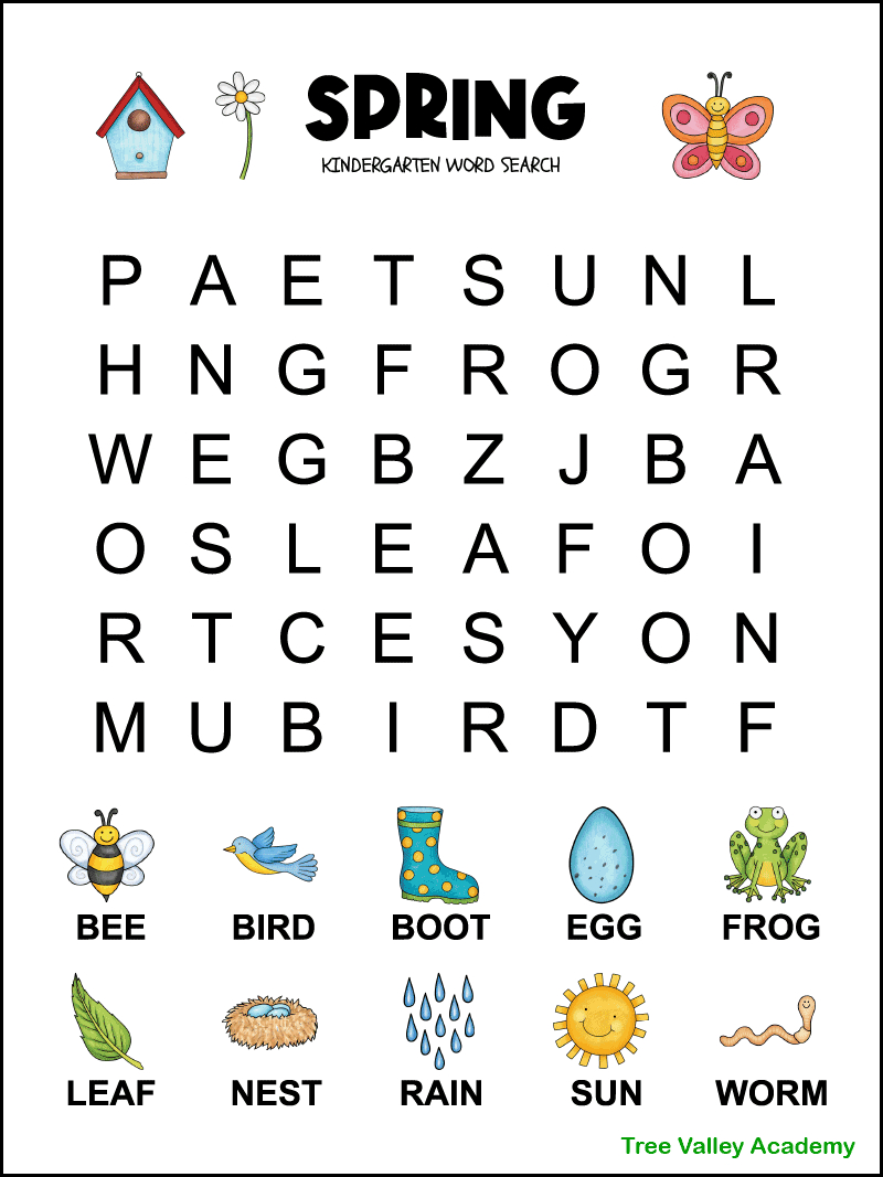 Spring Word Search For Kindergarten - Tree Valley Academy with regard to Word Search For 5 Year Olds Printable