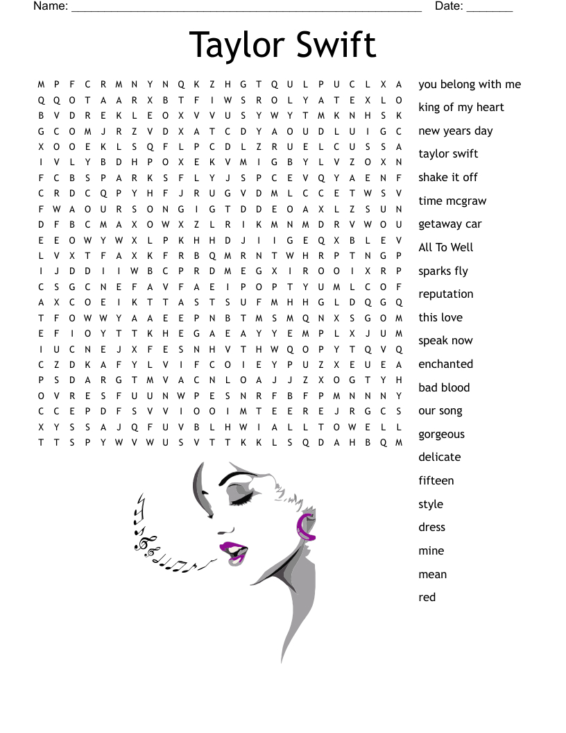 Taylor Swift Word Search - Wordmint for Taylor Swift Word Search Printable