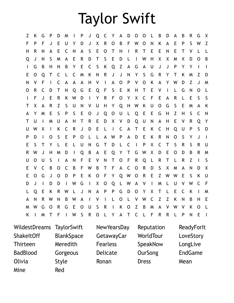 Taylor Swift Word Search - Wordmint throughout Taylor Swift Word Search Printable