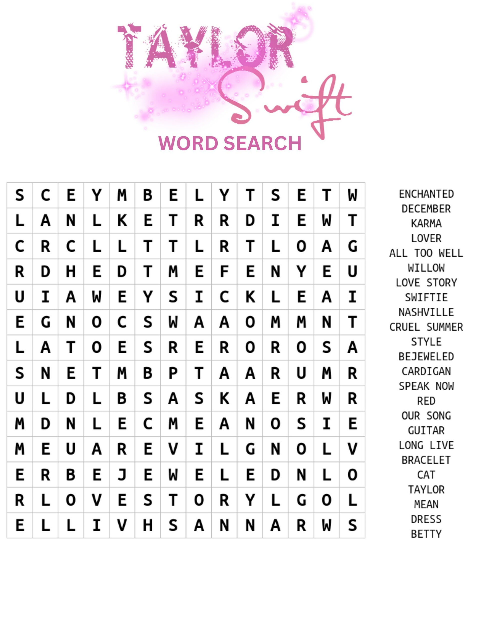 Taylor Swift Wortsuche: Swiftie Geburtstagsparty-Aktivität throughout Taylor Swift Word Search Printable